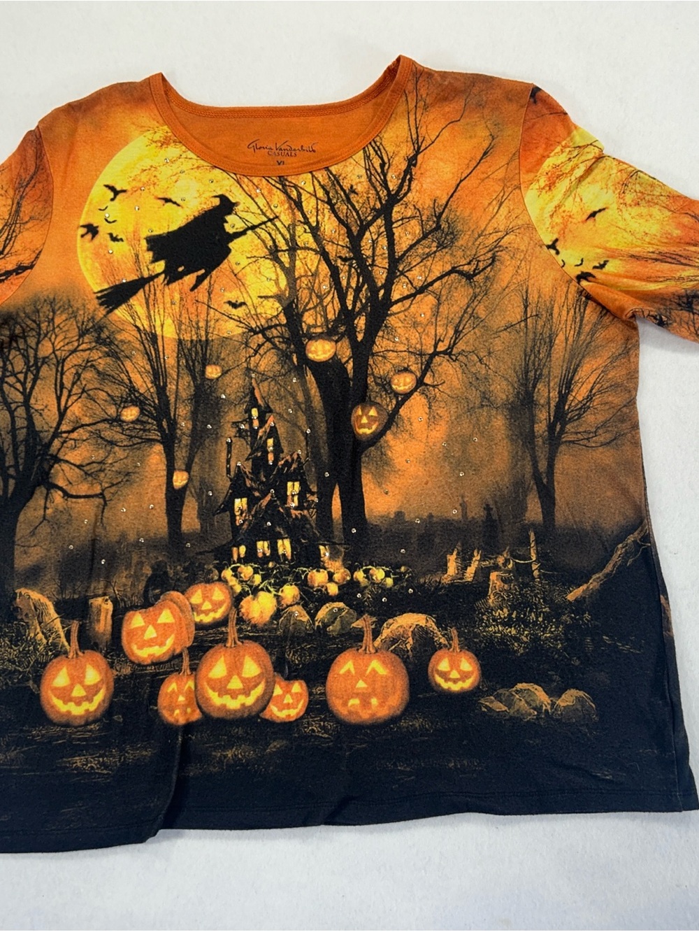 Gloria Vanderbilt Halloween Shirt Women XL Witch Pumpkins Rhinestone Long Sleeve